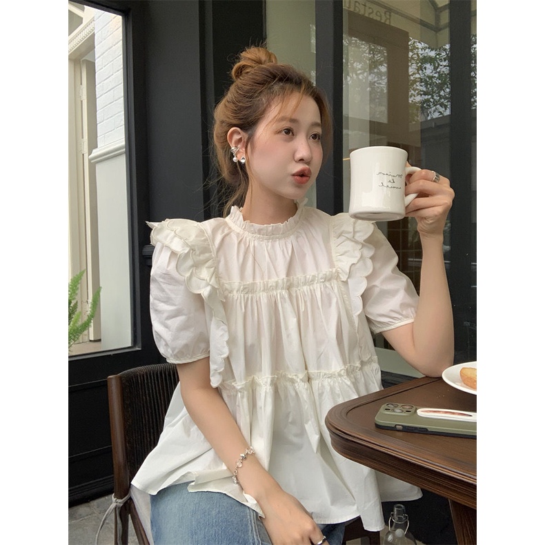 เสื้อท็อปแขนสั้น ปักลาย ทรงหลวม สไตล์ฝรั่งเศส แฟชั่นฤดูร้อน สําหรับผู้หญิง