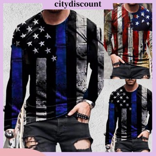 &lt;citydiscount&gt; เสื้อยืดคอกลม แขนยาว พิมพ์ลายธงอเมริกัน แบบสวมหัว เป็นมิตรกับผิวหนัง สําหรับผู้ชาย