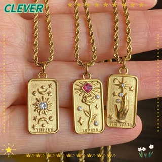 CLEVER สร้อยคอสเตนเลส จี้ไพ่ทาโรต์นําโชค รูปดวงจันทร์ ดาว พระอาทิตย์ สไตล์วินเทจ เครื่องประดับ สําหรับผู้หญิง