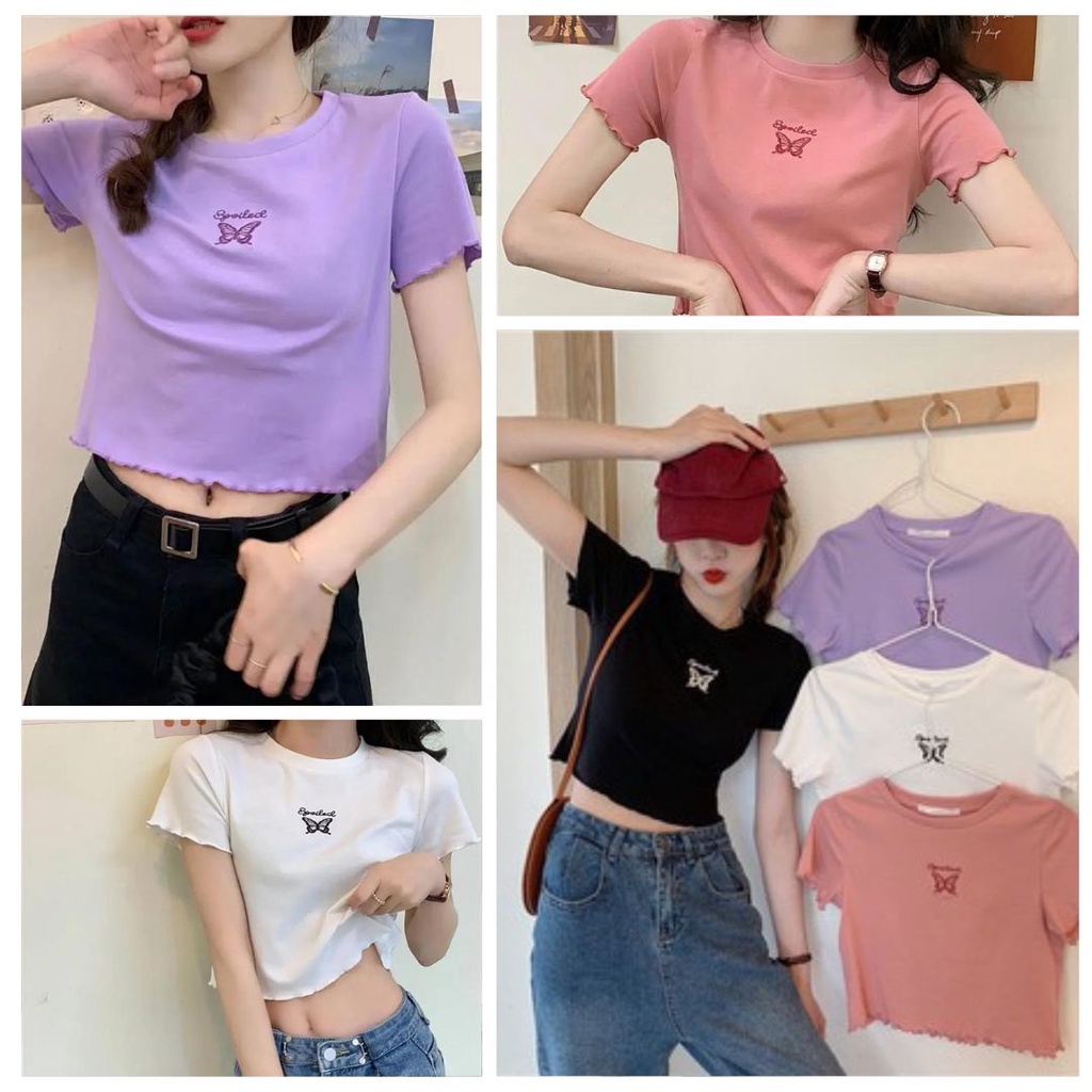 Kfcshopkfc88เสื้อยืด ไหมพรม แขนสั้นปักลายผีเสื้อ มี4สี #5150