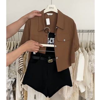 Large size womens spring suit womens 2023 new lean shirt printed short-sleeved high-waist shorts three-piece set