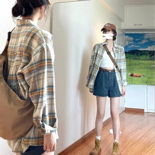 Lune_Grace เสื้อเชิ้ตแขนยาว กระดุมหน้า ลายสก็อต เนื้อผ้าคอตตอนสไตล์เกาหลี W235