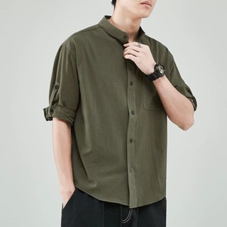 เสื้อเชิ้ตผ้าลินินสำหรับผู้ชาย       เสื้อเชิ้ตแขนสามส่วนผ้าฝ้ายและผ้าลินินทรงหลวม
