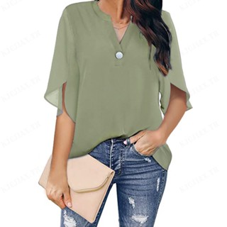 【pre】เสื้อเบลาส์แขนสั้น ผ้าชีฟอง สีพื้น แฟชั่นใหม่ สําหรับผู้หญิง