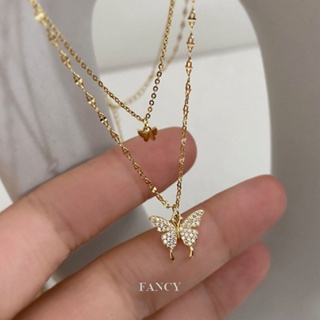 Fancy สร้อยคอโชคเกอร์ จี้ผีเสื้อ ประดับเพทาย สองชั้น สีเงิน สไตล์เกาหลี เครื่องประดับ สําหรับผู้หญิง