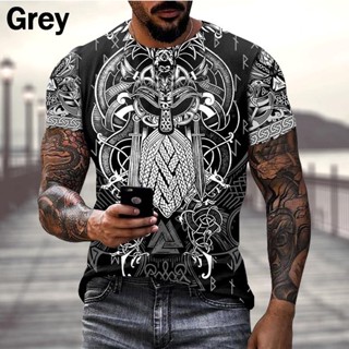 ใหม่ เสื้อยืดลําลอง แขนสั้น พิมพ์ลาย Viking Tattoo Art สีดํา เหมาะกับฤดูร้อน สําหรับผู้ชาย