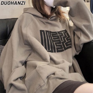 Duohanzi เสื้อกันหนาว ผ้าฟลีซ แขนยาว มีฮู้ด พิมพ์ลาย ทรงหลวม สไตล์เกาหลี เรโทร สําหรับผู้หญิง