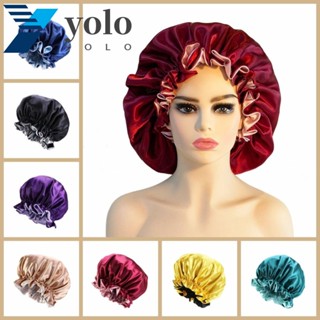 Yolo หมวกคลุมผม ผ้าซาติน ยืดหยุ่น สีพื้น ใช้ซ้ําได้ สําหรับอาบน้ํา