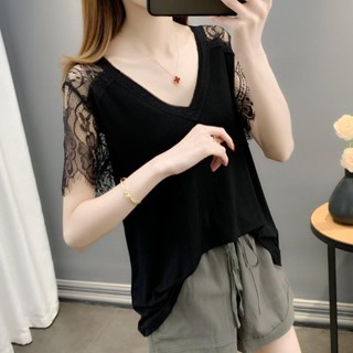 เสื้อยืดคอวี ผ้าลูกไม้ ซ่อนหน้าท้อง สําหรับผู้หญิง