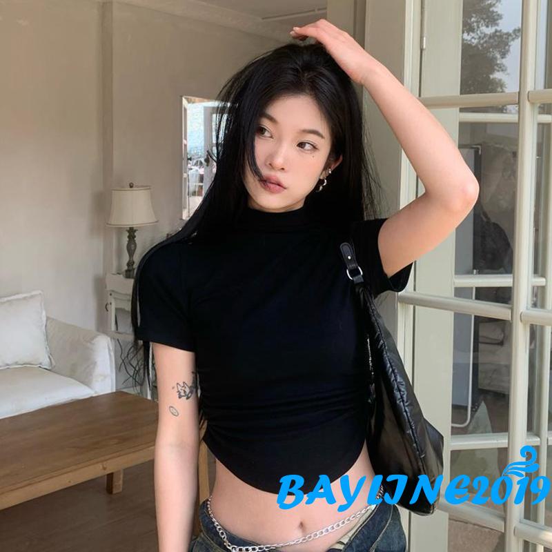 Bay-ผู้หญิงแขนสั้น Crop Tops สีทึบคอจําลองเสื้อยืดฤดูร้อนไม่สม่ําเสมอ Slim Fit เสื้อ Streetwear ราคา ถูกที่สุด ดีลบีเคเค แกลเลอรีภาพที่ 9
