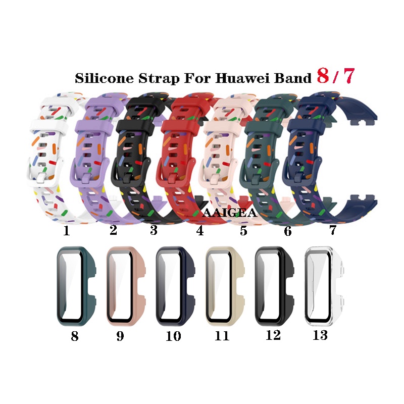สําหรับ Huawei Band 7 / 8 / 9 เคสป้องกันหน้าจอกระจกนิรภัย / สายซิลิโคน พิมพ์ลาย สายรัดข้อมือสมาร์ทวอทช์