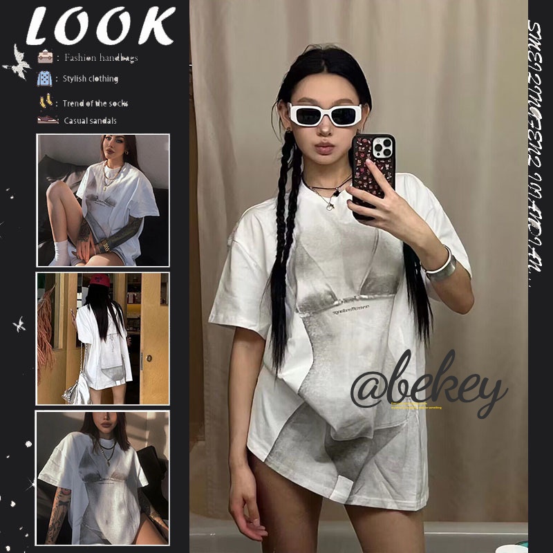 【ประเทศไทยจัดส่ง & จุด】เสื้อยืดแขนสั้นผู้หญิงฤดูร้อน ถนนสไตล์อเมริกันหลวม เสื้อแฟชั่นใหม่ความยาวปานกลาง Q056