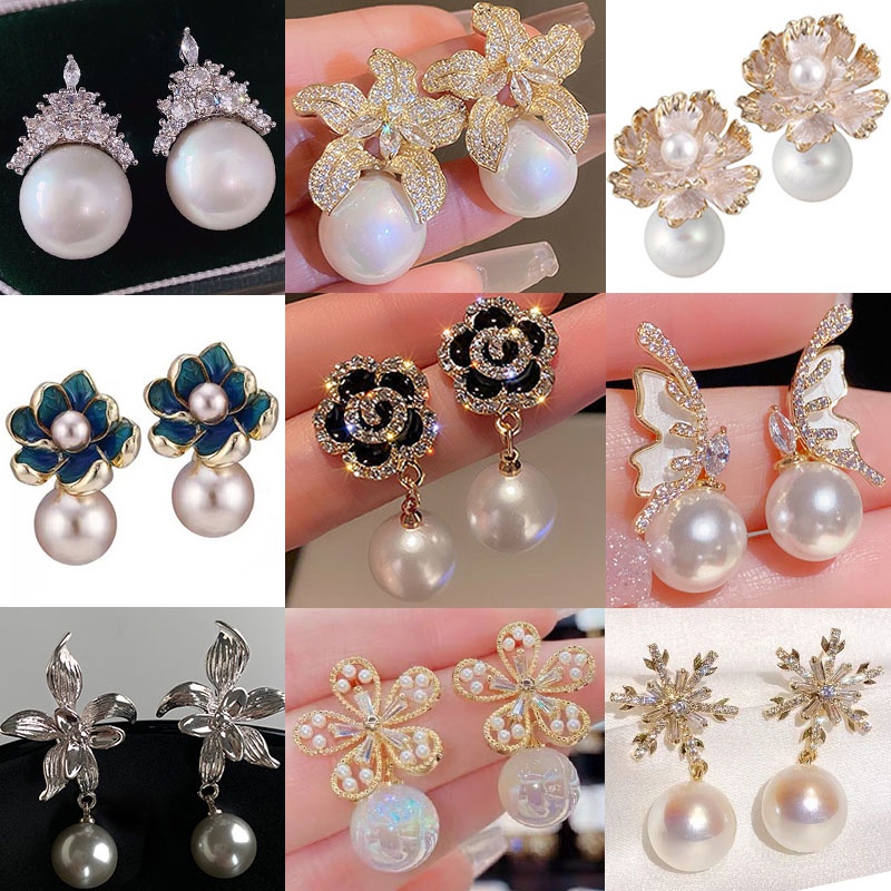 ต่างหูแฟชั่น รูปดอกไม้ ประดับมุก สไตล์ยุโรป อเมริกัน เรโทร หรูหรา