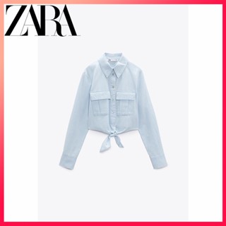 Zara ใหม่ เสื้อเชิ้ต แขนสั้น ผูกปม สําหรับผู้หญิง