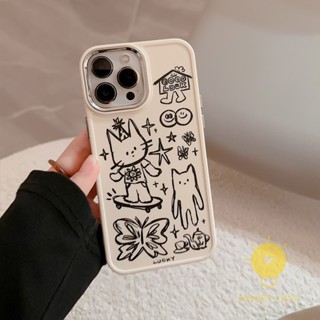 For เคสไอโฟน 14 Pro Max [Cat Doodle Plating] เคส Phone Case For iPhone 14 Pro Max Plus 13 12 Mini 11 X XS Max XR SE 8 7 For เคสไอโฟน11 Ins Korean Style Retro Classic Couple Shockproof Protective TPU Cover Shell