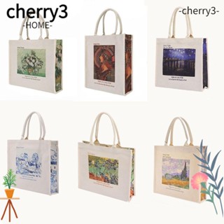 Cherry3 กระเป๋าสะพายไหล่ กระเป๋าถือ ผ้าแคนวาส แบบหนาพิเศษ ลายดอกทานตะวัน สีน้ํามัน สไตล์ญี่ปุ่น