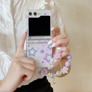 เคสโทรศัพท์มือถือ PC แข็ง แบบใส กันกระแทก ลายดาวสีม่วง พร้อมสายคล้องมือ สําหรับ Samsung Galaxy Z Flip 5 5G 3 in 1 Z Flip 5