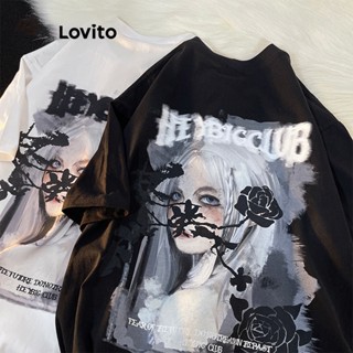 Lovito เสื้อยืดลําลอง แขนสั้น พิมพ์ลายฟิกเกอร์ All Match สําหรับผู้หญิง LNA17180 (สีดํา)