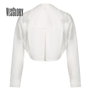 Vesglory เสื้อครอปท็อปลําลอง แขนยาว คอปก ทรงสลิมฟิต สีพื้น แฟชั่นสําหรับผู้หญิง 2023