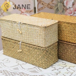 Jane ตะกร้าหวายสานเทียม ทรงสี่เหลี่ยม 3 ช่อง พร้อมฝาปิด 32x12x10 ซม. ทนทาน สําหรับจัดเก็บเครื่องสําอาง