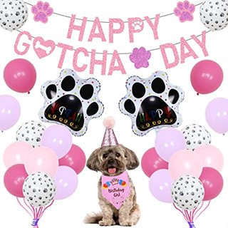 Gotcha Day แบนเนอร์แบนเนอร์ Happy Gotcha ทรงกรวย สีชมพู สีม่วง สําหรับสัตว์เลี้ยง สุนัข แมว วันเกิด