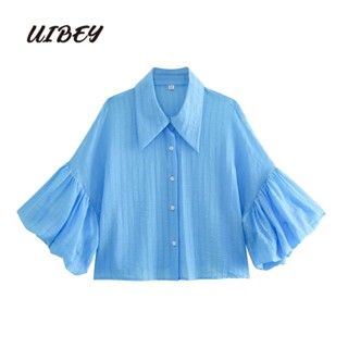 Uibey เสื้อเชิ้ต คอปก แขนพัฟ แฟชั่น 4619