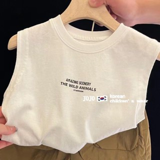 พร้อมส่ง ขายดี เสื้อยืดแขนกุด ผ้าฝ้ายแท้ พิมพ์ลายตัวอักษร สไตล์เกาหลี ญี่ปุ่น แฟชั่นฤดูร้อน สําหรับเด็กผู้ชาย