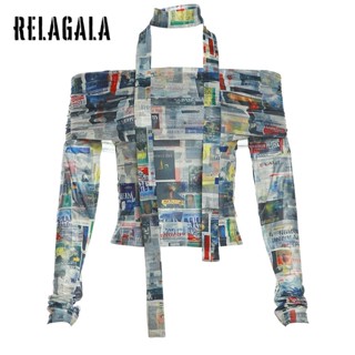 Relagala เสื้อยืดแขนยาว เปิดไหล่ เข้ารูป สีพื้น แฟชั่นสําหรับสตรี 2023