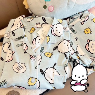 Sanrio Pochacco ชุดนอน เสื้อแขนยาว กางเกงขายาว พิมพ์ลาย เหมาะกับฤดูร้อน สําหรับผู้หญิง [GM]