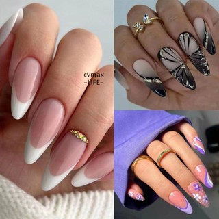 Cymx เล็บปลอม ลายดอกไม้ สีม่วง สไตล์ฝรั่งเศส ขอบสีขาว DIY 24 ชิ้น