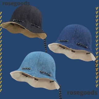 Rosegoods1 หมวกบักเก็ต, หมวกหูรูด อเนกประสงค์ สองด้าน, กระเป๋าสะพายข้าง สีพื้น ป้องกันรังสียูวี หมวกตกปลาผู้หญิง