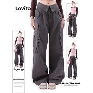 Lovito กางเกงลําลอง แต่งกระดุม สําหรับผู้หญิง LNA18043 (สีเทา)