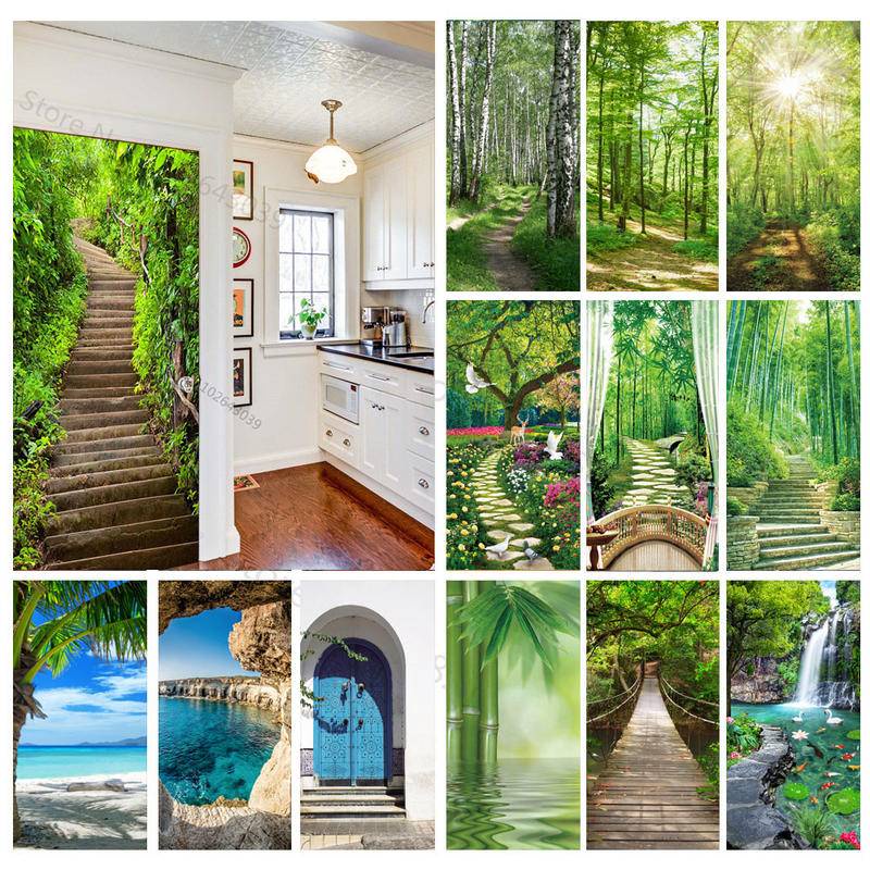ป่า 3d สติกเกอร์ประตู Self กาวโปสเตอร์สําหรับประตูสติกเกอร์ Apartment Home ประตู Art ภาพจิตรกรรมฝาผนังตกแต่งประตูโปสเตอร์