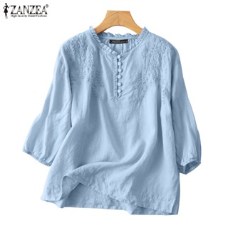 Zanzea เสื้อเบลาส์ ผ้าฝ้าย ผ้าลินิน ปักลายลูกไม้ ดอกไม้ สีพื…