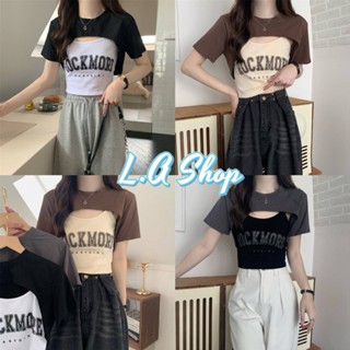 L.A Shop พร้อมส่ง เสื้อเซ็ต เสื้อครอปแขนสั้น+สายเดี่ยวไหมพรม 2in1 ใส่สบายเท่สตรีทสุดๆ "77055"