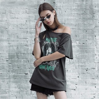 🔥ส่งไวจากไทย🔥Y2K เสื้อยืดแขนสั้นคอคล้องคอปิดไหล่หลวมด้านบน