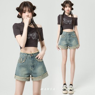 MANSA vintage jeans denim shorts ยีนส์วินเทจ กางเกงขาสั้นผ้ายีนส์ กางเกงขาสั้นกว้าง