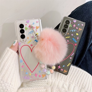 เคสโทรศัพท์มือถือ PC แข็ง แบบใส ลายหัวใจน่ารัก พร้อมสายคล้องมือ สําหรับ Samsung Galaxy Z Fold 4 Z Fold 3 5G