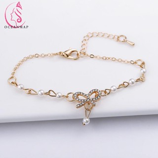 OCEANMAP Simple Chain Bracelet Sweet Pearl Wristband Bow Bangle Elegant Charm Korean Classic Adjustable Alloy Fashion Jewelry/Multicolor