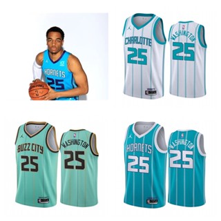 Charlotte Hornets #25 P.J. Washington เสื้อบาสเก็ตบอลสีดำของผู้ชายสั้น -เสื้อยืดกีฬา