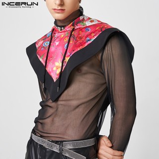 Incerun เสื้อคลุมสั้น มีฮู้ด ทรงสามเหลี่ยม ลายดอกไม้