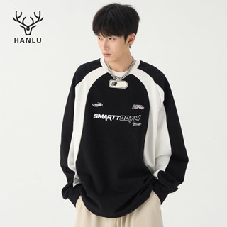 HANLU เสื้อฮู้ดผู้ชาย 2023 ใหม่สไตล์อเมริกันมอเตอร์ไซค์เทรนด์ฮิตสีคอกลมแขนยาวแฟชั่นลำลองเสื้อคู่