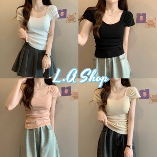 L.A Shop พร้อมส่ง เสื้อไหมพรมแขนสั้น สีพื้นใส่สบายืดตามตัว "31019" -C