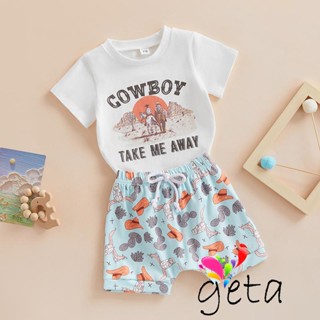 Geta- เสื้อยืดแขนสั้น คอกลม พิมพ์ลายตัวอักษร และหมวกคาวบอย แฟชั่นฤดูร้อน สําหรับเด็กผู้ชาย 2 ชิ้น