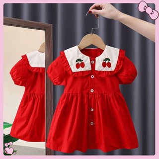 ชุดเดรสเด็กผู้หญิง Summer Dress Lapel Cherry Embroidered Shirt Dress Western Style Princess Dress