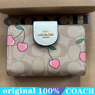 COACH CA401 กระเป๋าสตางค์ผู้หญิง/แบบสั้น/ที่ใส่บัตรเปลี่ยนแบบสแน็ป/พับครึ่ง/ช่องใส่บัตรหลายช่อง/พิมพ์ลายดอกพลัม