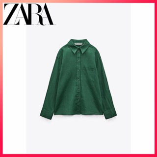 Zara ใหม่ เสื้อเชิ้ต ผ้าลินิน มีกระเป๋า สําหรับผู้หญิง