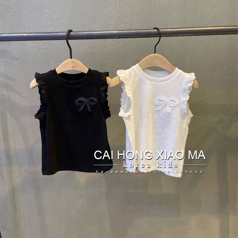 เสื้อแขนกุด คอกลม ประดับโบว์ แต่งลูกไม้ แฟชั่นฤดูร้อน สไตล์เกาหลี สําหรับเด็กผู้หญิง 2023