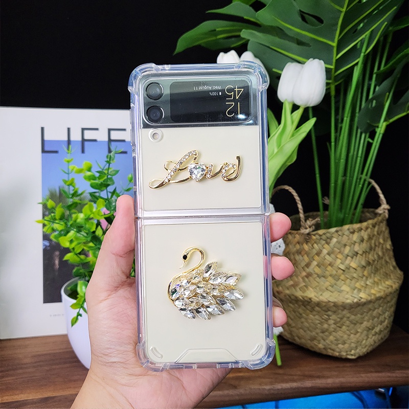 INS เกาหลีแฟชั่น Glitter Swan Love โปร่งใสสําหรับ Samsung Galaxy Z Flip 4G 3 4 5G กันกระแทก Anti-dro
