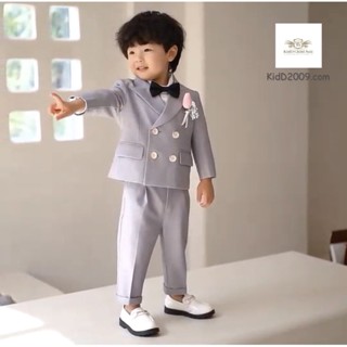 Cute Baby suit สูทเด็กเล็ก สูทเด็กอ่อน ชุดไปงาน สูทสีเทา เซท 2 ชิ้น เสื้อสูท+กางเกง ขนาด 80, 90, 100, 110, 120, 130, ...